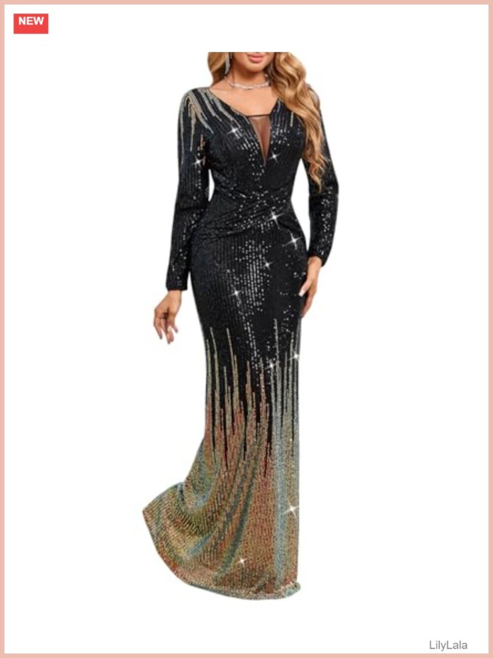 Ombre Sequin Long Sleeve V-Neck Sheath Formal Gown